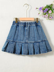 Girls Denim Mini Skirt with Elastic Waist & Pockets - Summer A-line Pleated