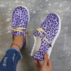 Purple Leopard Print Canvas Shoes Lightweight Lace Up Shoes