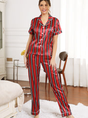 Striped Pajama Set Short Sleeve Button Up Top & Pants Women's Sleepwear
