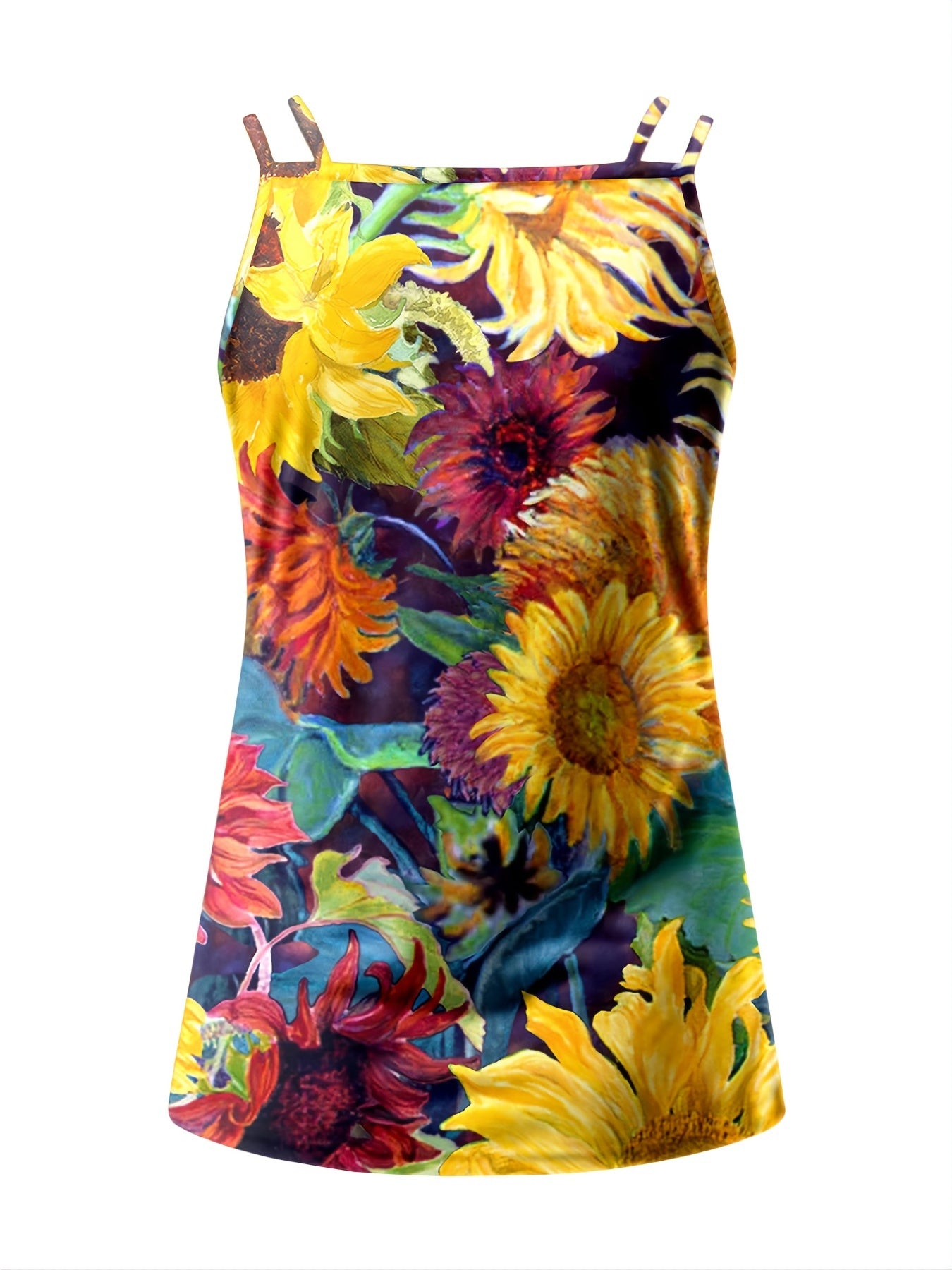 Sunflower Print Spaghetti Tank Top Hollow Summer Loose Crew Neck Tank Top
