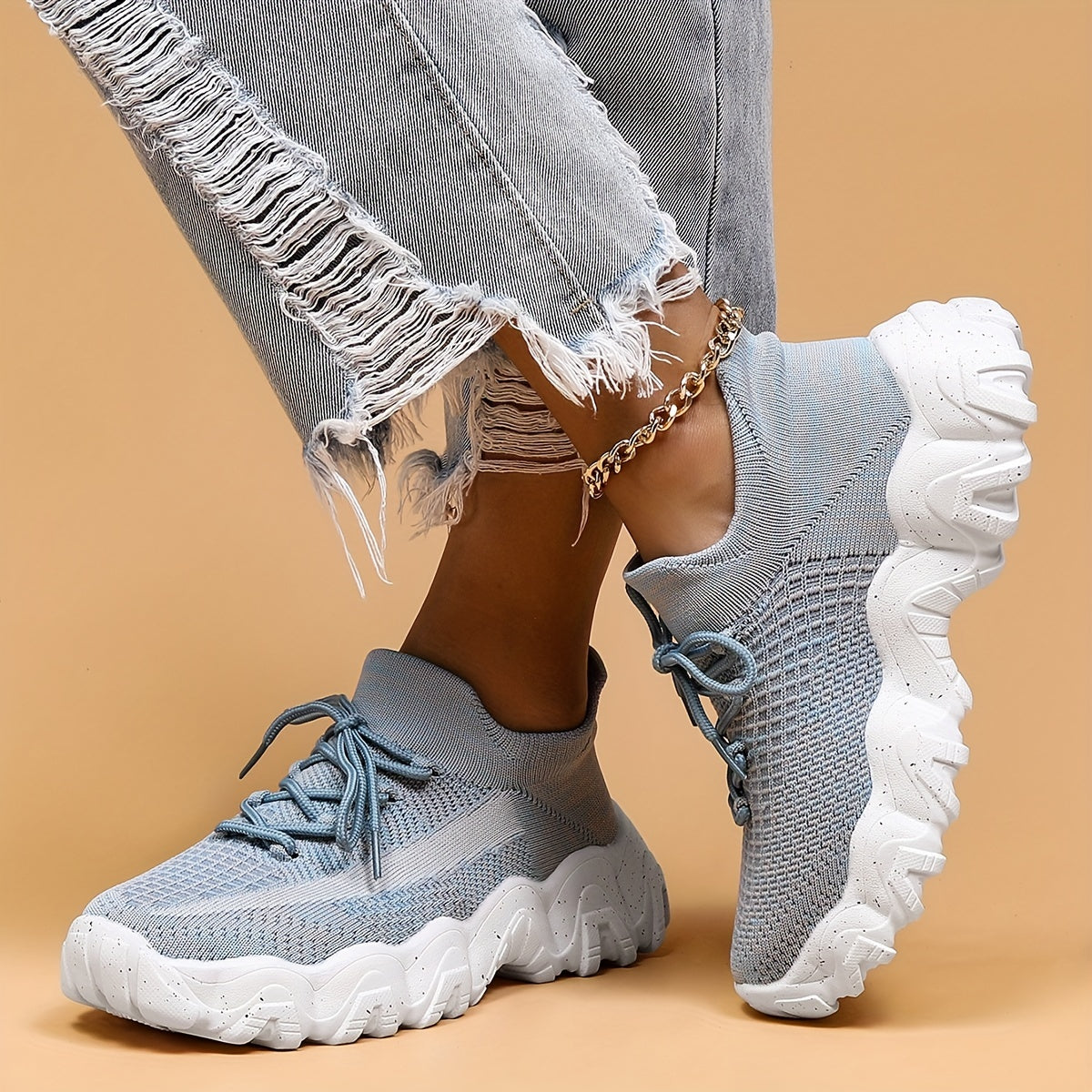 Women's Mesh Chunky Sneakers Lace Up Running Shoes Comfortable Sock Sneakers