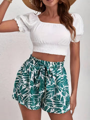 Leaves Print Vacation Shorts Elastic Waist Women's Clothing