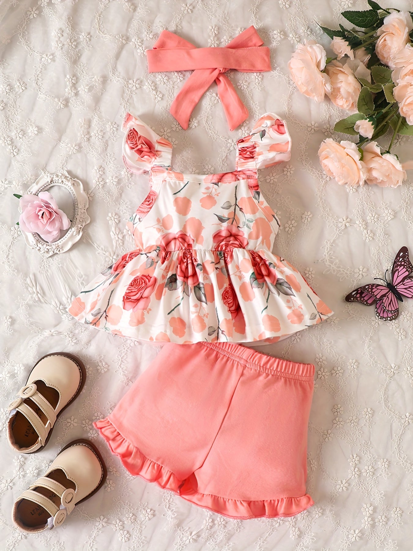 Baby Girls Floral Print Ruffle Trim Camisole Top & Shorts Set