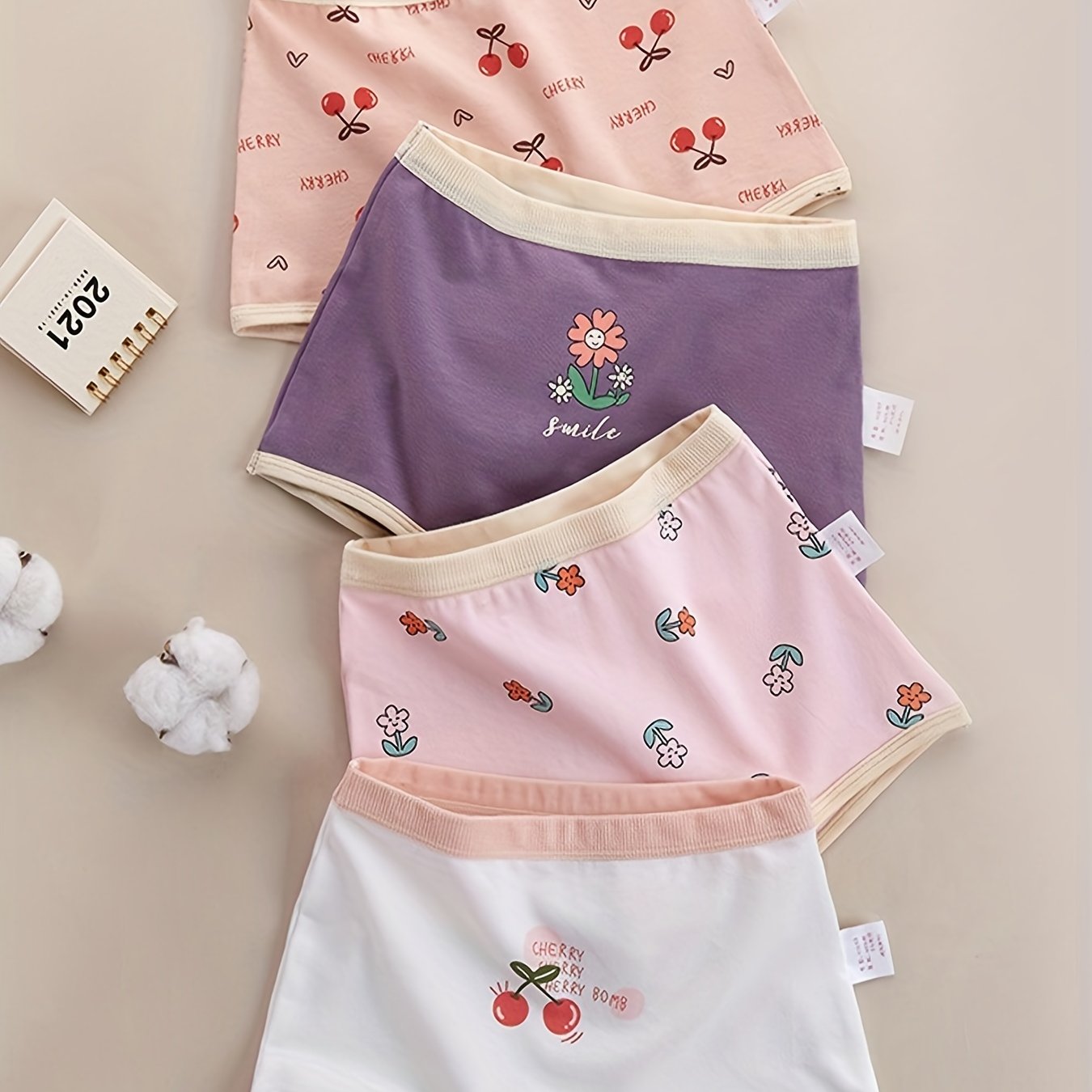 4pcs Girls Boxer Briefs Astronaut Floral Cherry Print Underwear Kids Clothes