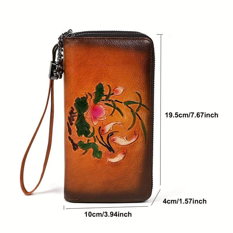 Vintage Floral Print Cowhide Wallet with Wrist Strap