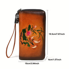 Vintage Floral Print Cowhide Wallet with Wrist Strap