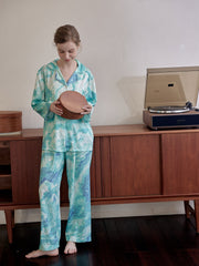 Wave Print Pajama Set Long Sleeve Top & Pants Women's Sleepwear