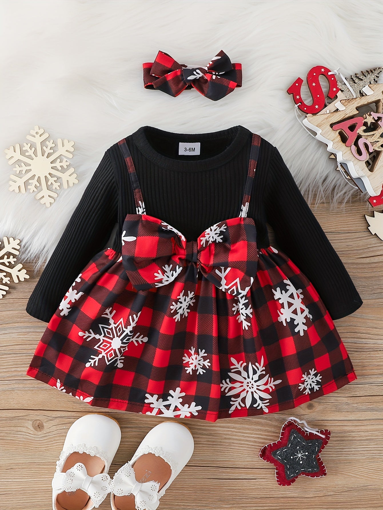 2pcs Baby Girl Christmas Bow Snowflake Dress Headscarf Set