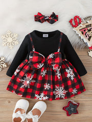 2pcs Baby Girl Christmas Bow Snowflake Dress Headscarf Set