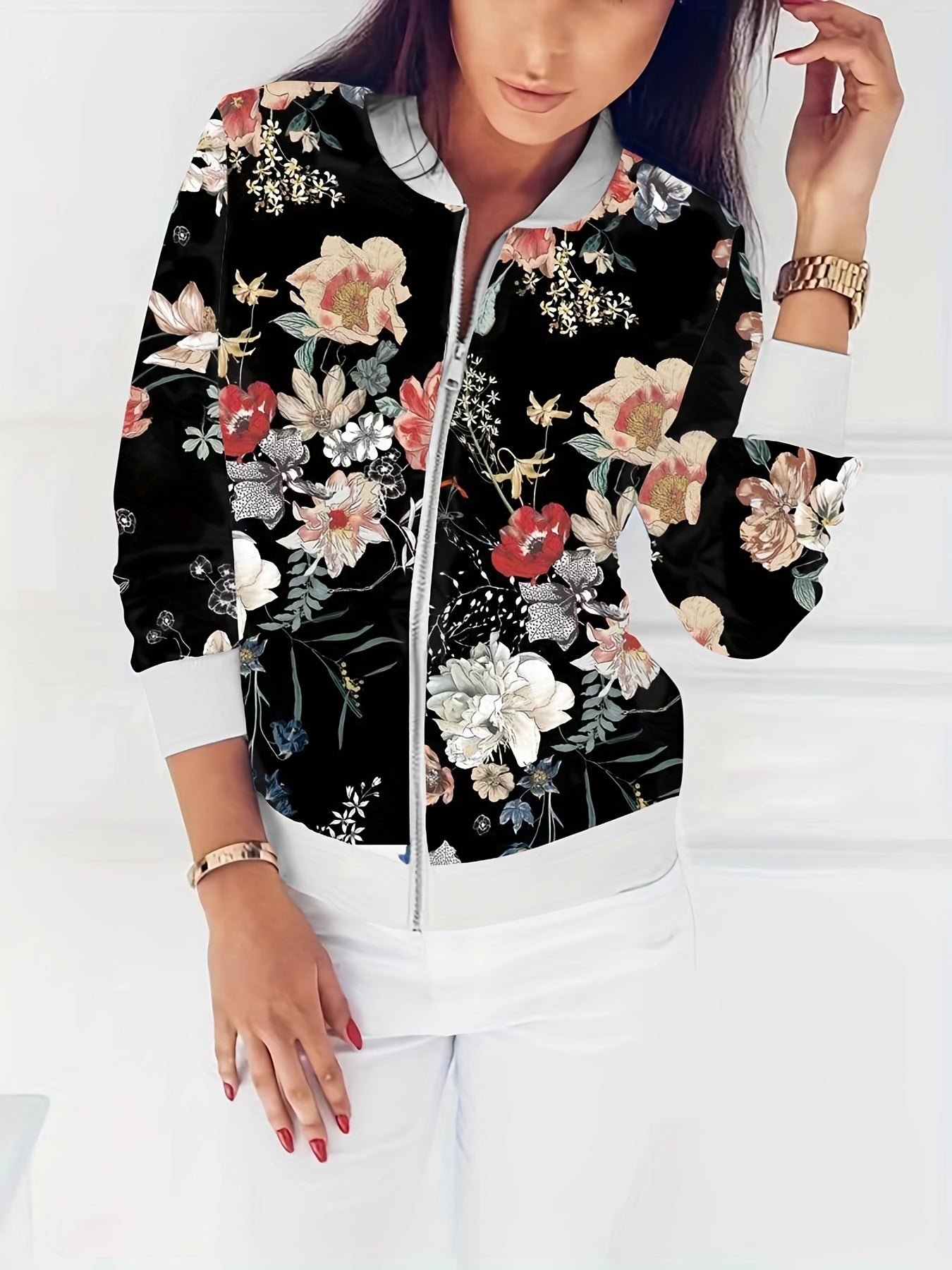Floral Print Zipper Jacket Spring & Fall Women's Clothing