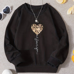 Girls Leopard Heart Letter Print Pullover Sweatshirt Crew Neck Tops