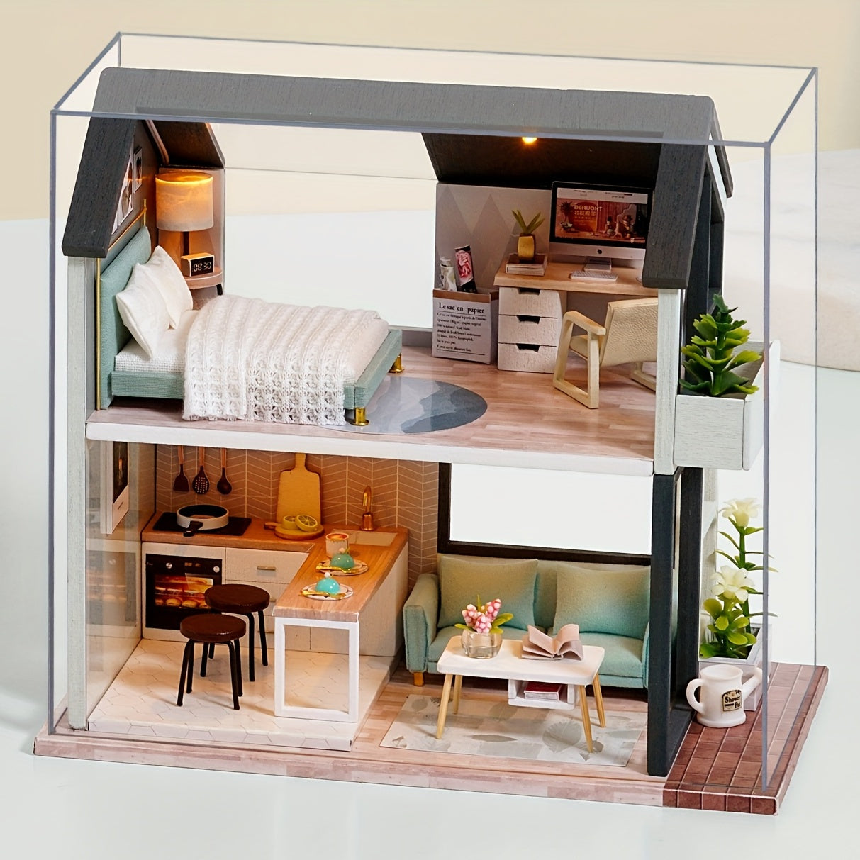 Wooden House Model Kit w/ Furniture Lights & 3D Puzzle - Kids Gift