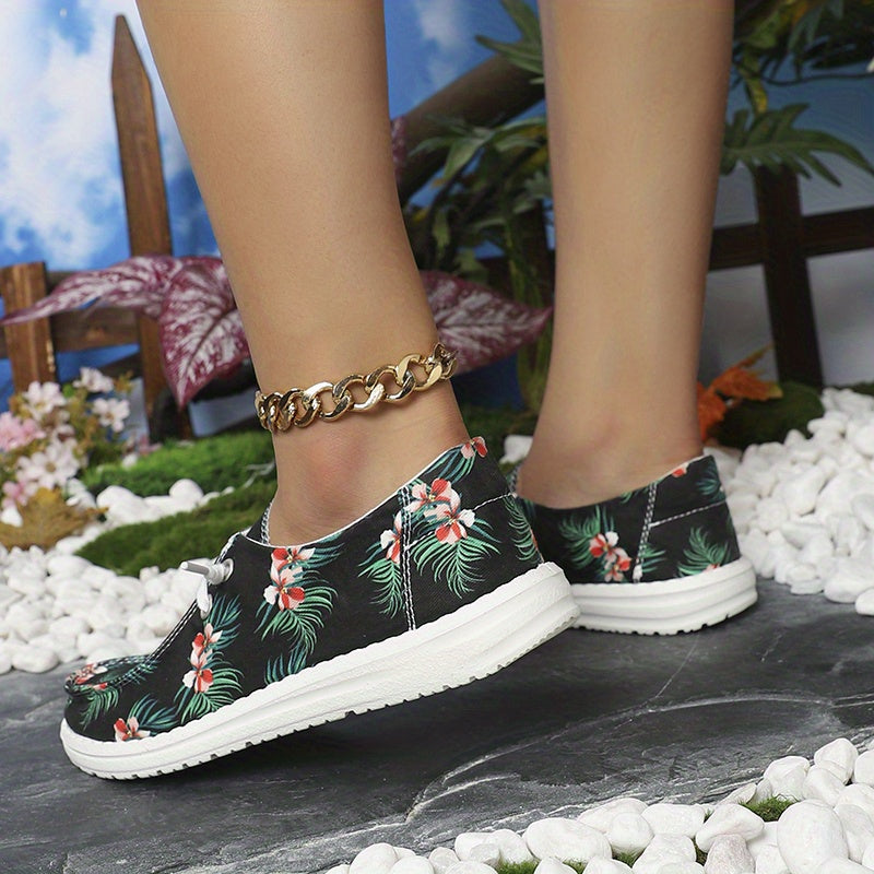 Women's Floral Printed Canvas Shoes Low Top Flat Walking Sneakers