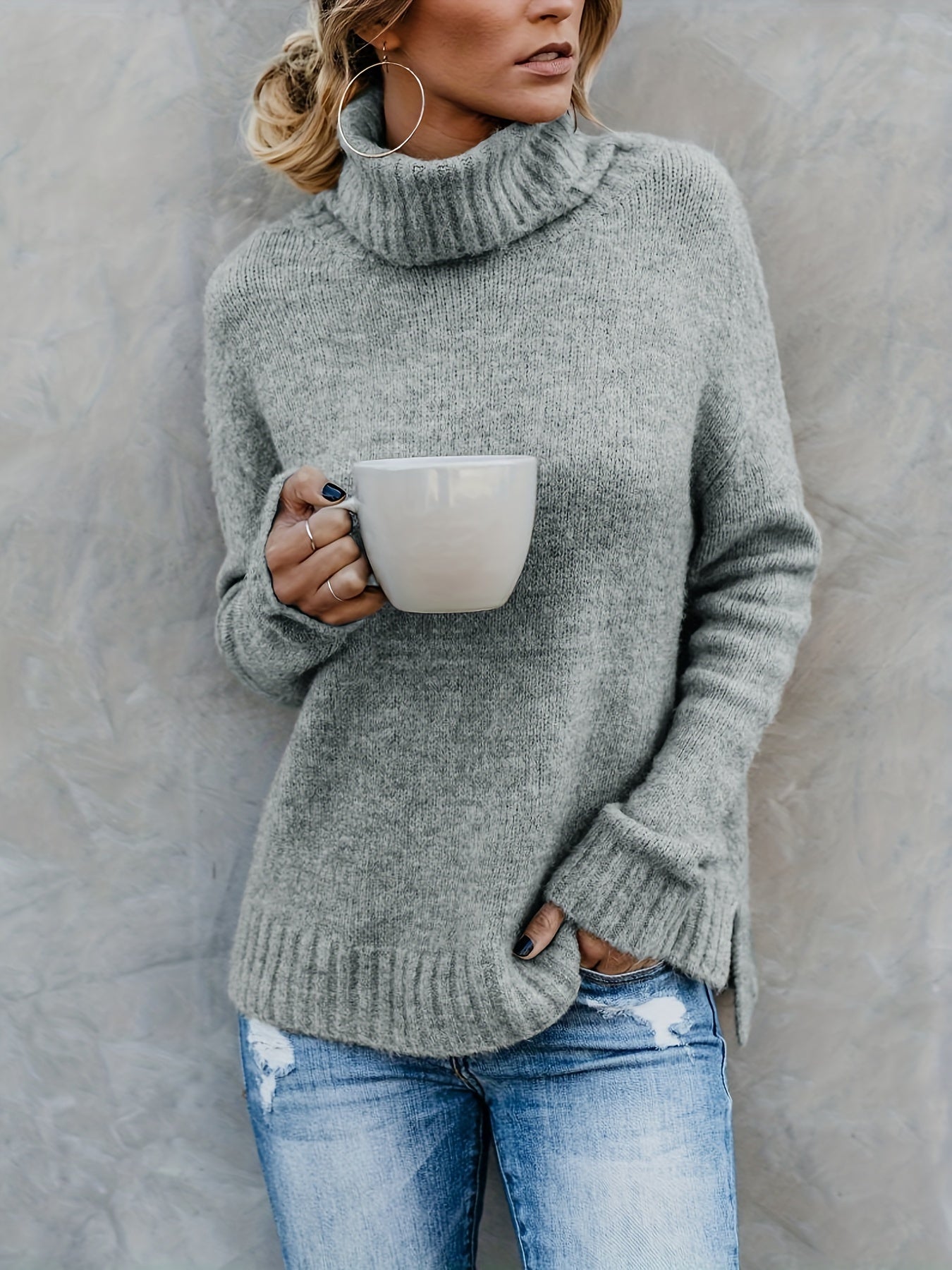 Casual Sweater Women's Solid Long Sleeve Turtle Neck Jumper