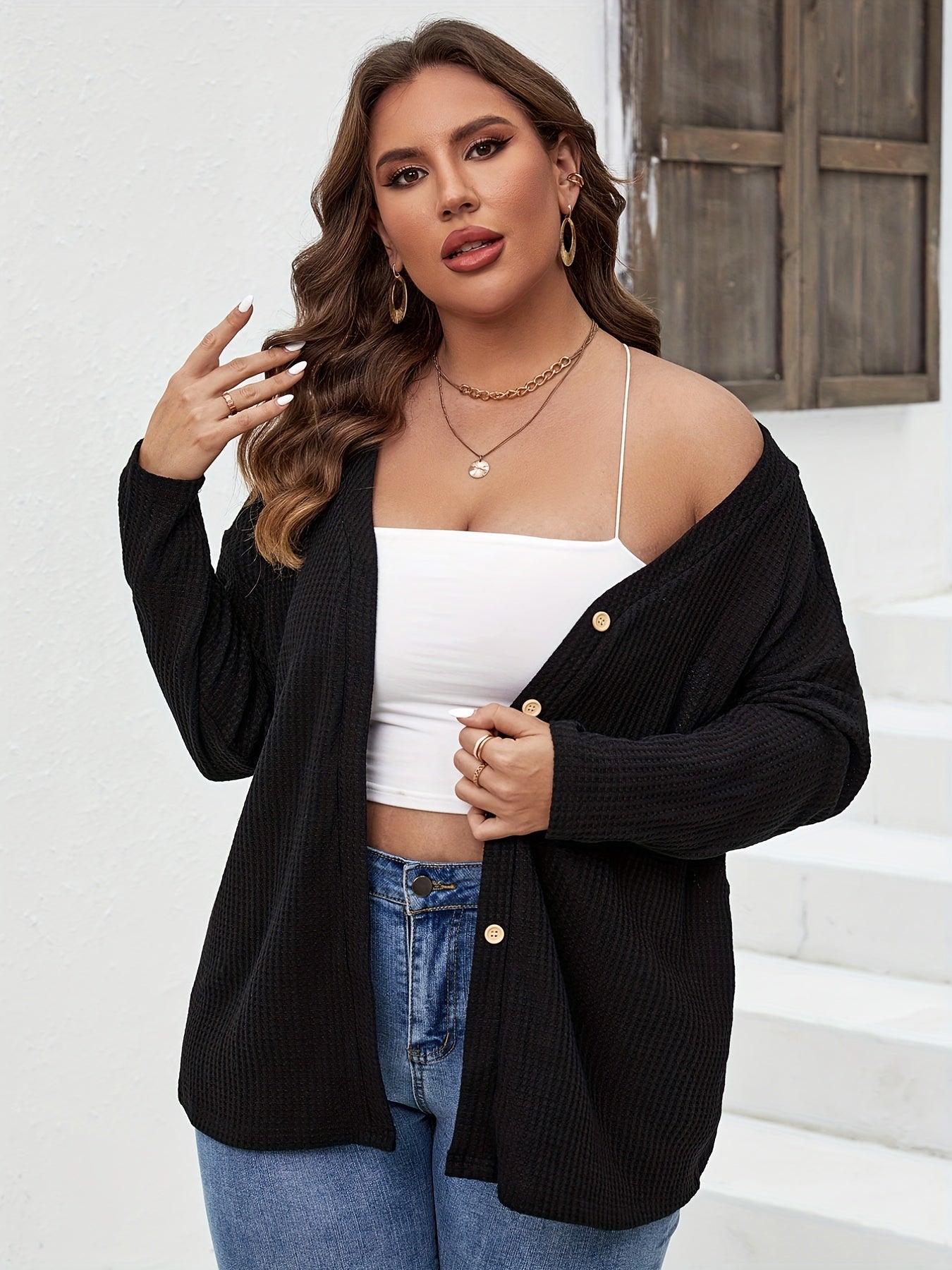 Long Sleeve Button Front Waffle Knit Tee