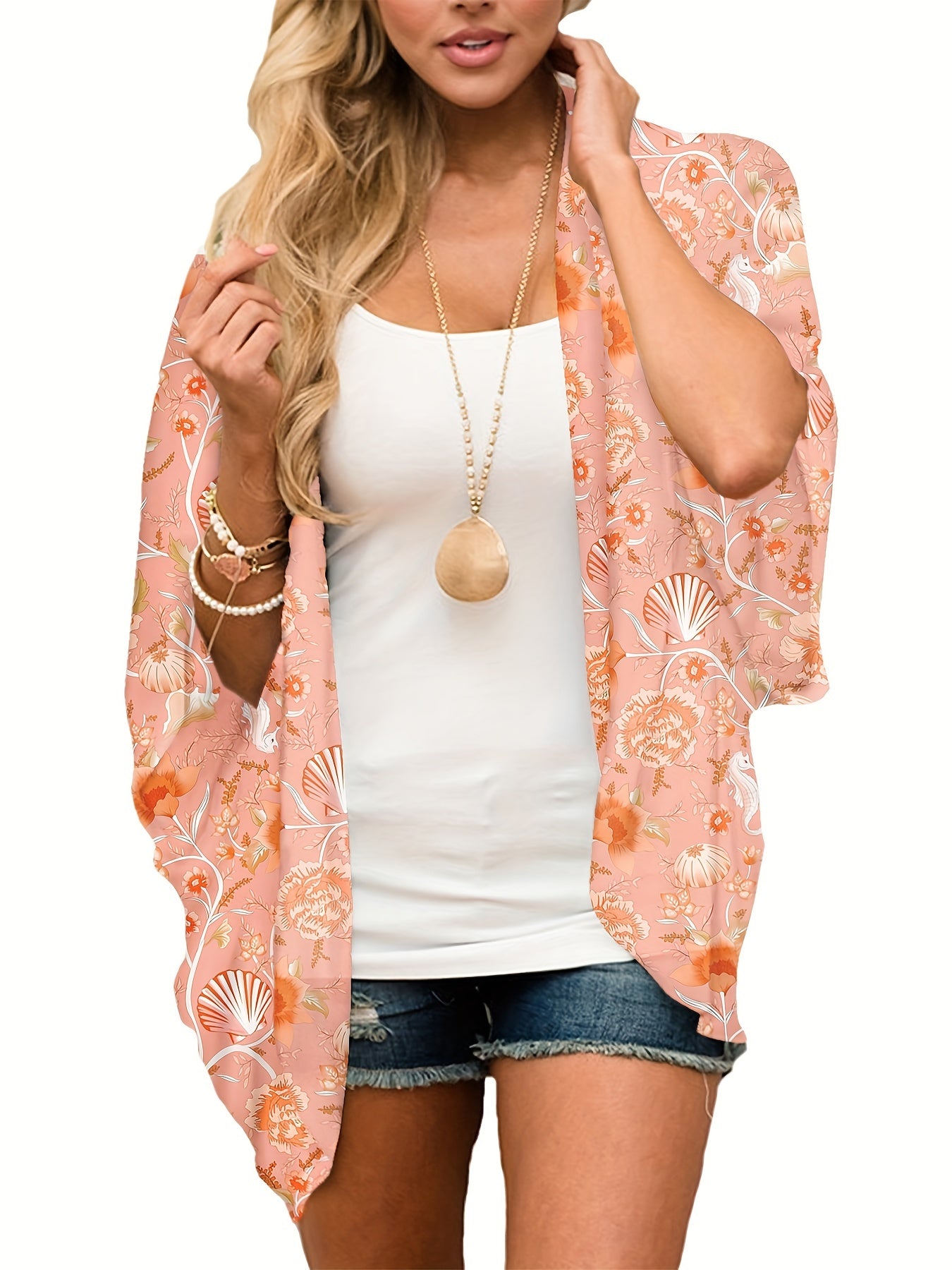 Floral Print Cover Up Shirt V Neck Kimono