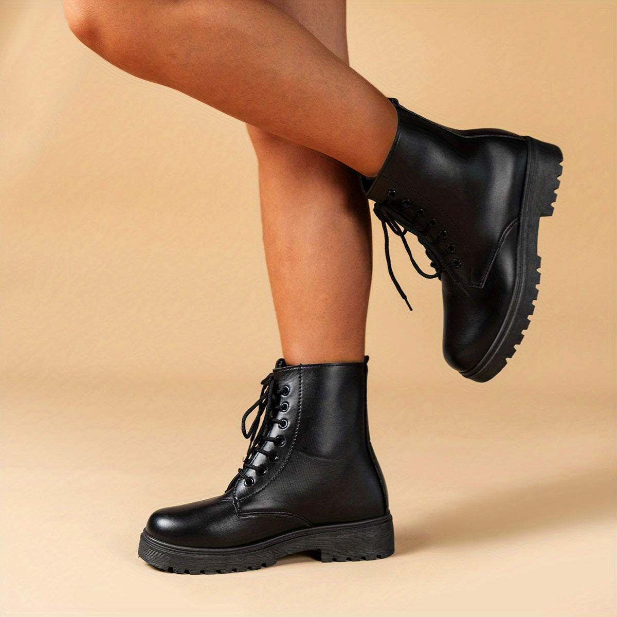 Women's Chunky Heel Combat Boots Solid Lace Up Short Boots