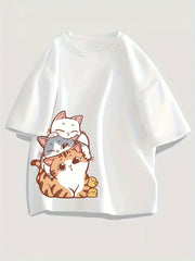 Cat Graphic Casual Short Sleeve Top Cartoon Print Sports T-shirt