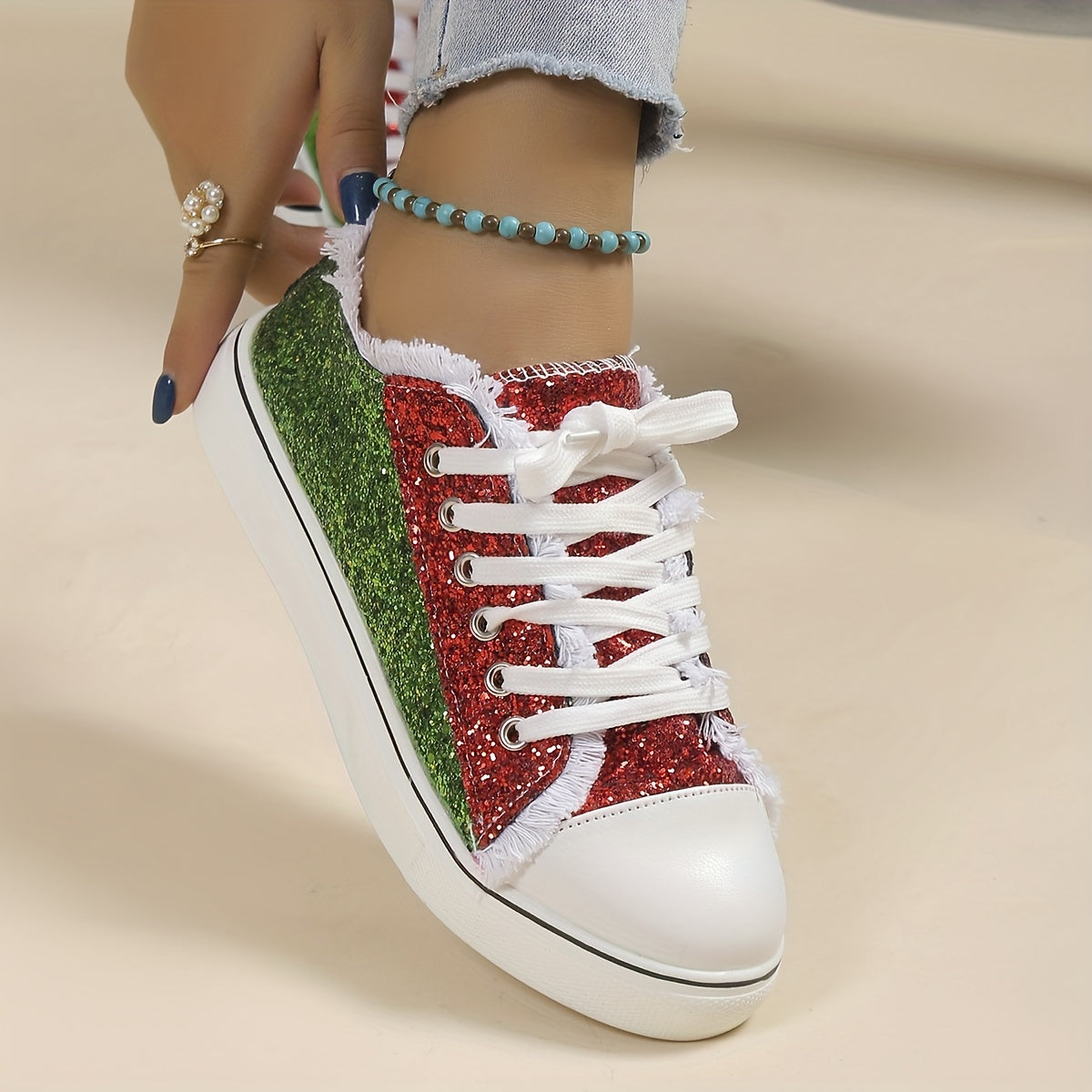 Women's Sequin Skate Shoes Lace Up Sport Shoes