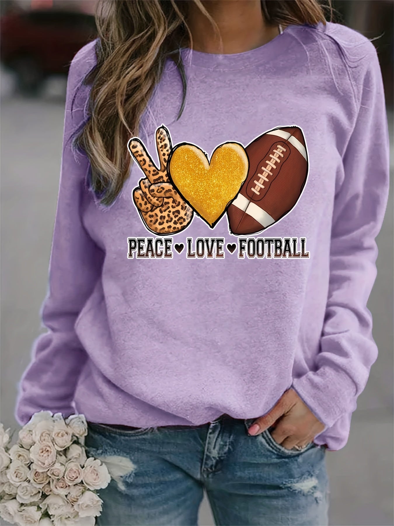 Peace Love Football Print Loose Sweatshirt