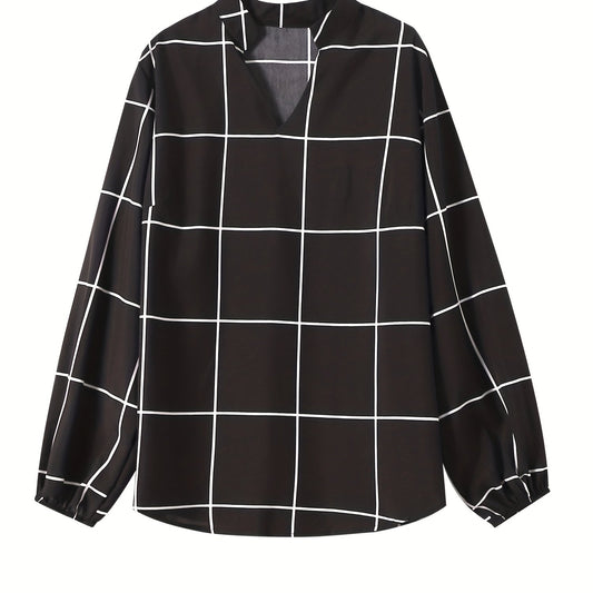 Grid Print Long Sleeve Blouse