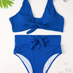 Ribbed Bow Knot Cut Out Bikini Set