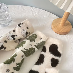 3 Pairs Cartoon Print Socks Comfy & Fuzzy Warm Women's Stockings
