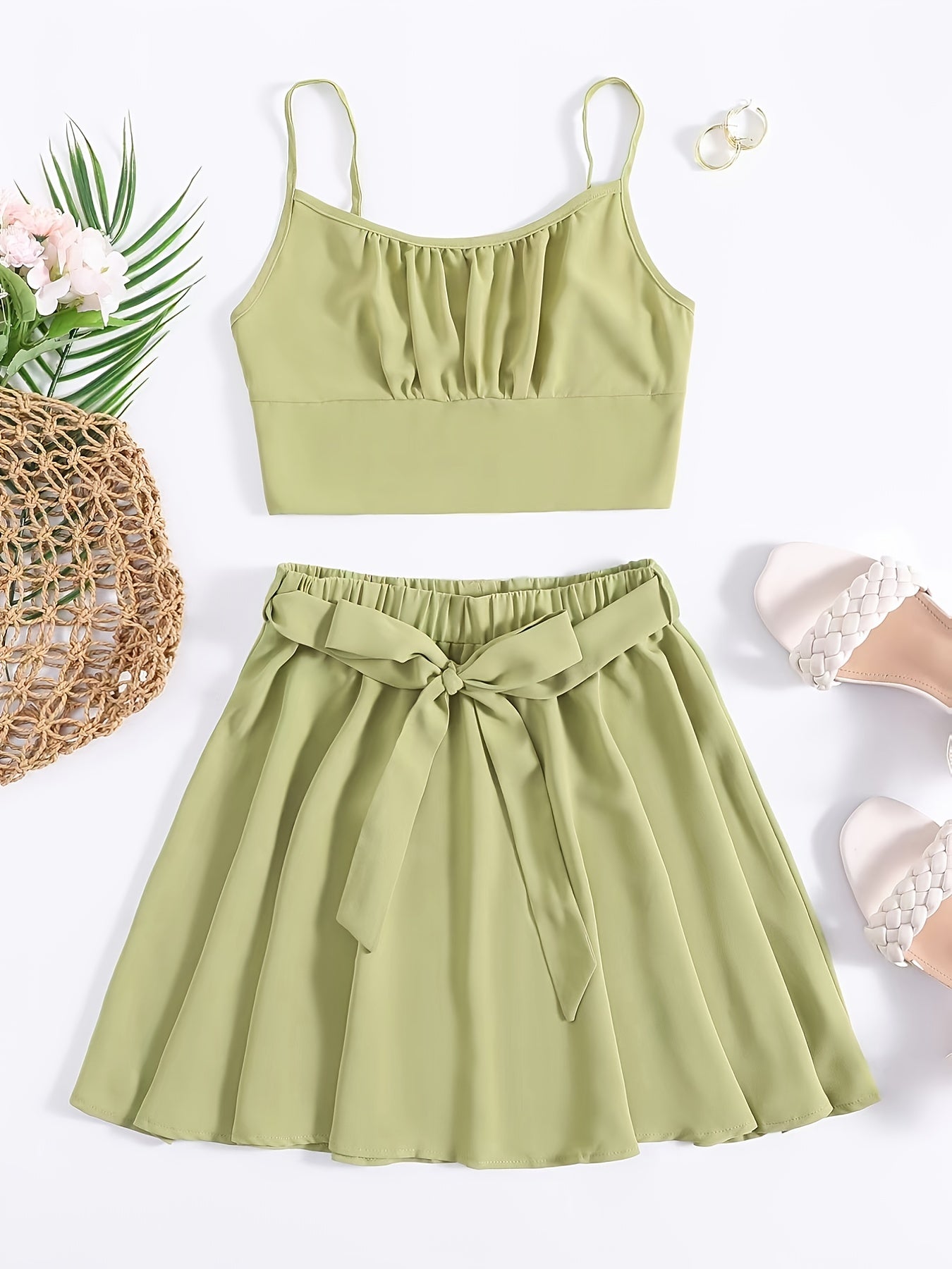 Sexy Block Skirt Two piece Set Pleated Crop Cami Tops