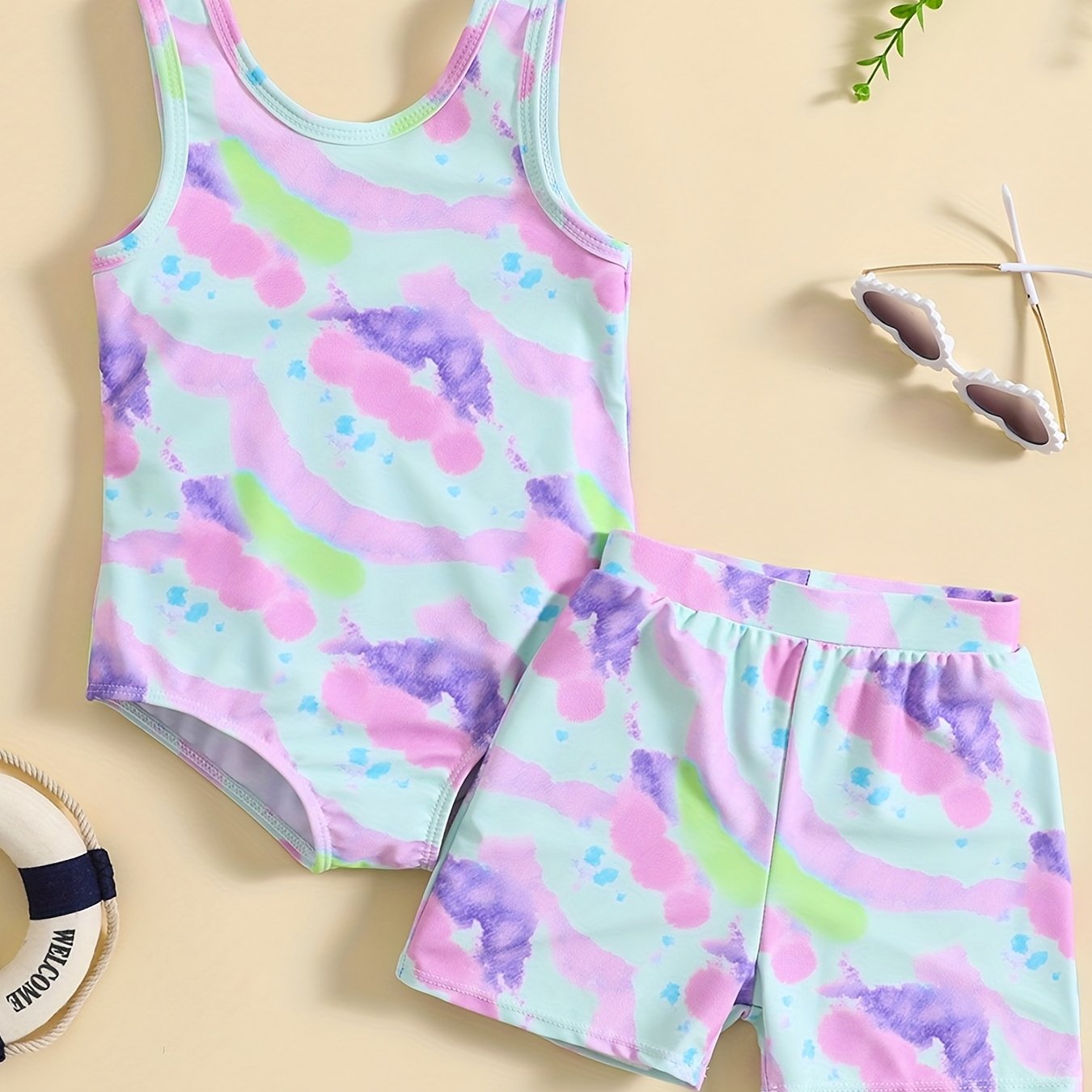 Baby Girl's 2pcs Tie Dye Swimsuit & Shorts Set