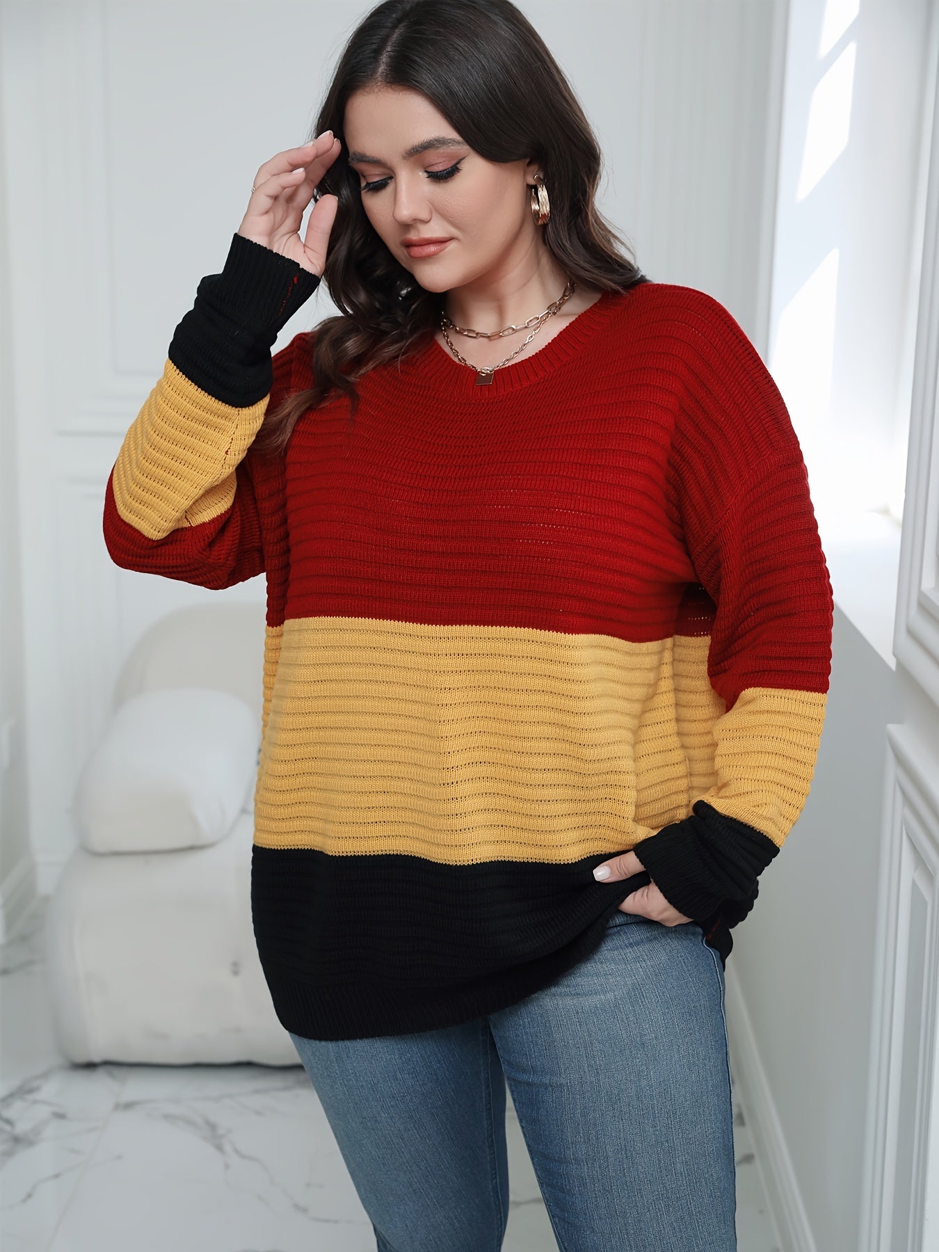 Colorblock Round Neck Sweater Women Long Sleeve Casual Jumper
