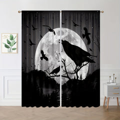 2 Panels Moon Crow Printed Curtains Rod Pocket Window Curtains