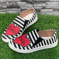 Women's Striped Red Heart Flat Lightweight Walking Shoes