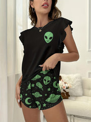 Alien Print Pajamas Set Flutter Sleeve Crew Neck Top & Shorts
