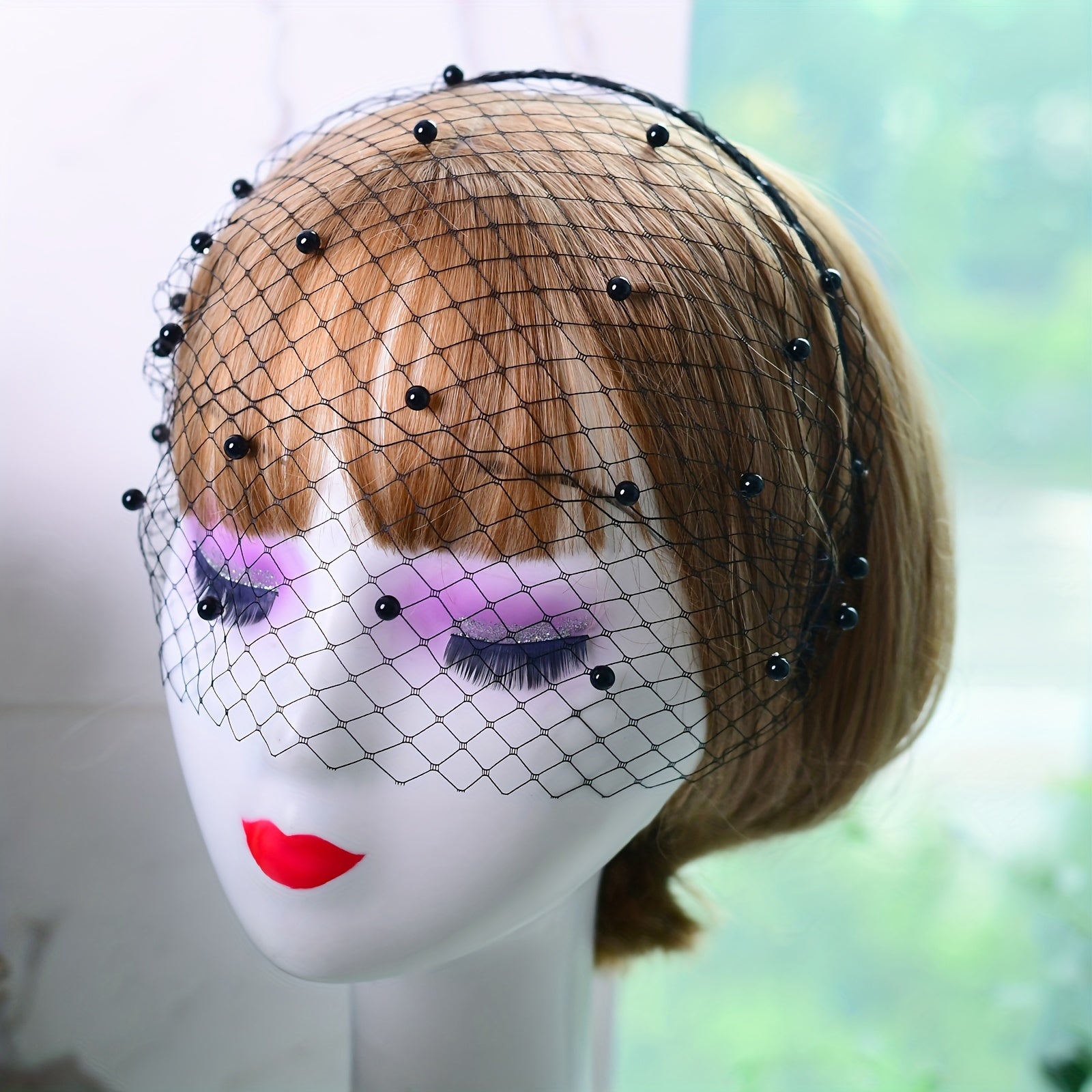 Beaded & Faux Birdcage Veil Headband for Bridal Showers Weddings Parties