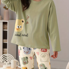 Bear Print Pajama Set Long Sleeve Top & Pants Women's Sleepwear