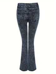 Plus Solid Distressed Button Fly High Rise Bootcut Jeans