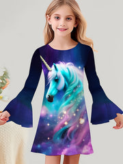 Dreamy Unicorn Graphic Crew Neck Long Sleeve Dress For Girls
