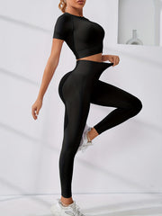 2pcs Solid Workout Sets Crew Neck Short Sleeve Sports Crop Top & Leggings