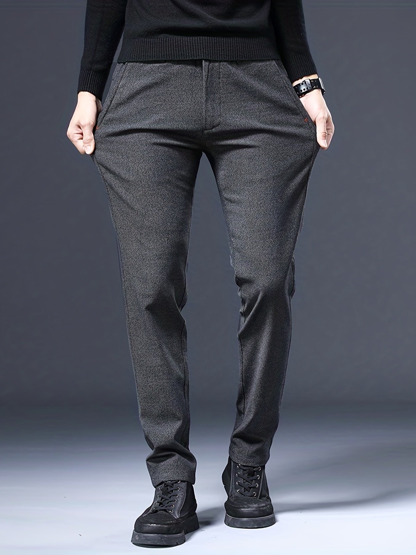 Men's Comfy Straight Leg Business Trousers Slim Fit Pants With Pockets