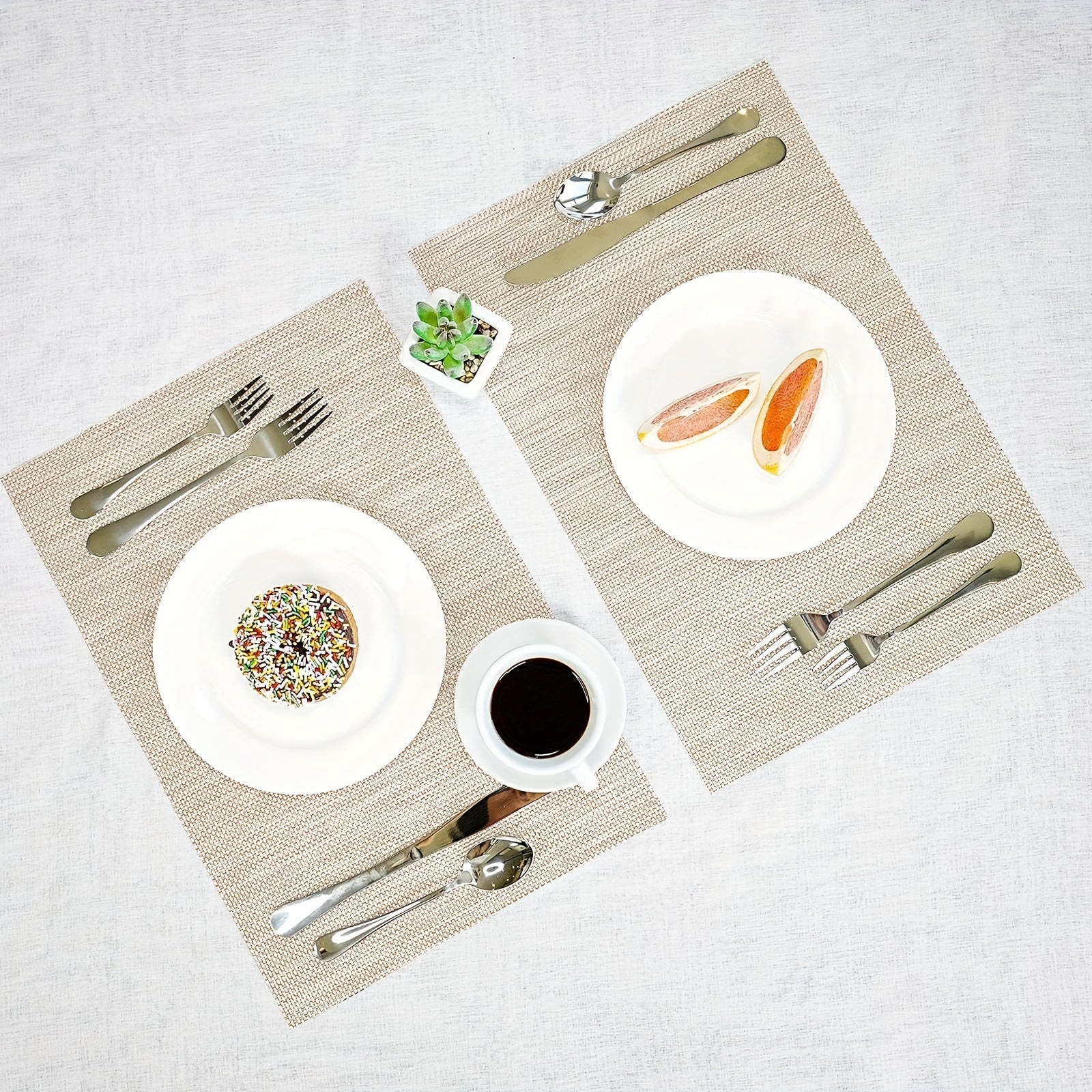 6pcs Vinyl Woven Placemats Beige Heat Resistant Kitchen Dinners Indoor Outdo