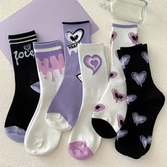 6 Pairs Cartoon Food Print Socks & Funny Mid Tube Socks Women's Stockings