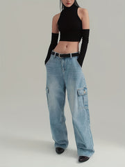 High Rise Loose Baggy Denim Cargo Pants Floor Length