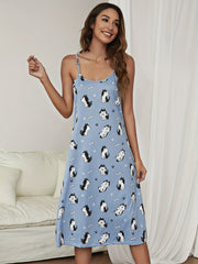 Cartoon Dog Print NightDress Crew Neck Slip Pajama Dress Women's Sleepwear