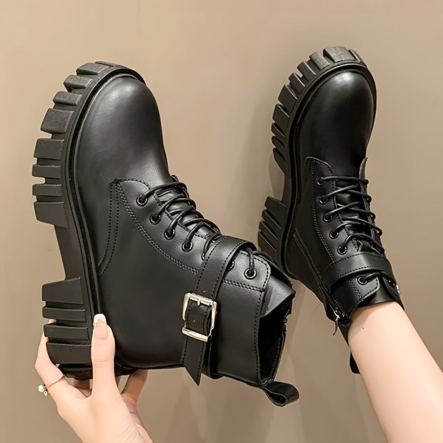 Women's Platform Combat Boots Lace Up Buckle Side Zipper Fashion Boots