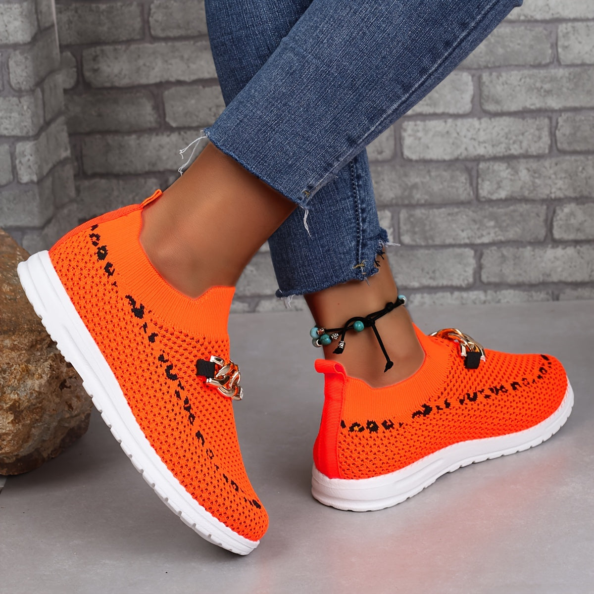 Sporty Walking Shoes Chain Decor Mesh Slip On Sneakers Women's Footwear