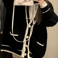 Contrast Trim Button Up Cardigan Loose Sweater