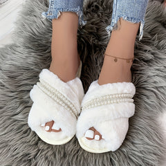 Women's Fluffy Cross Strap Slippers with Faux Pearl Decor