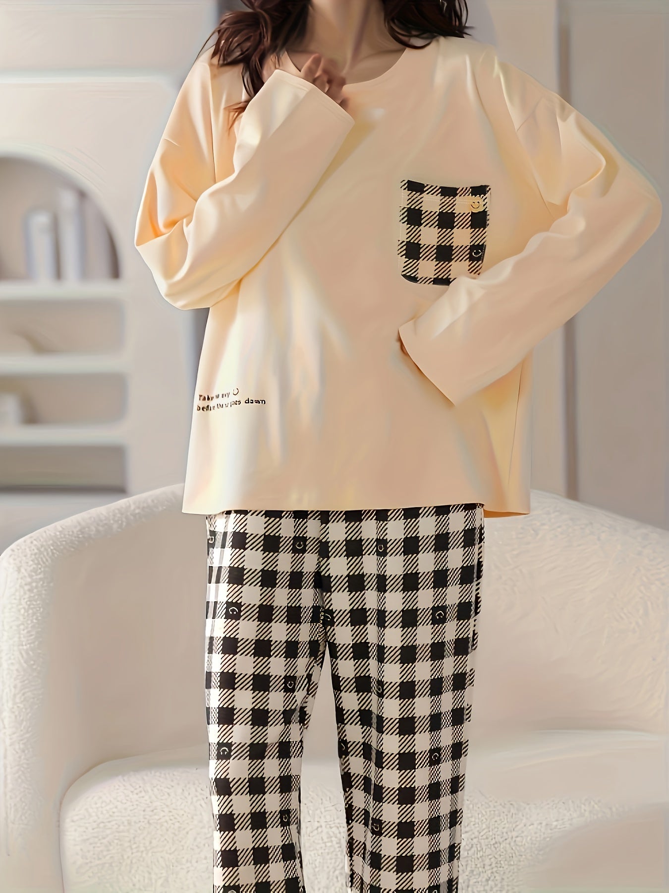 Plaid Print Pajama Set Long Sleeve Top & Pants