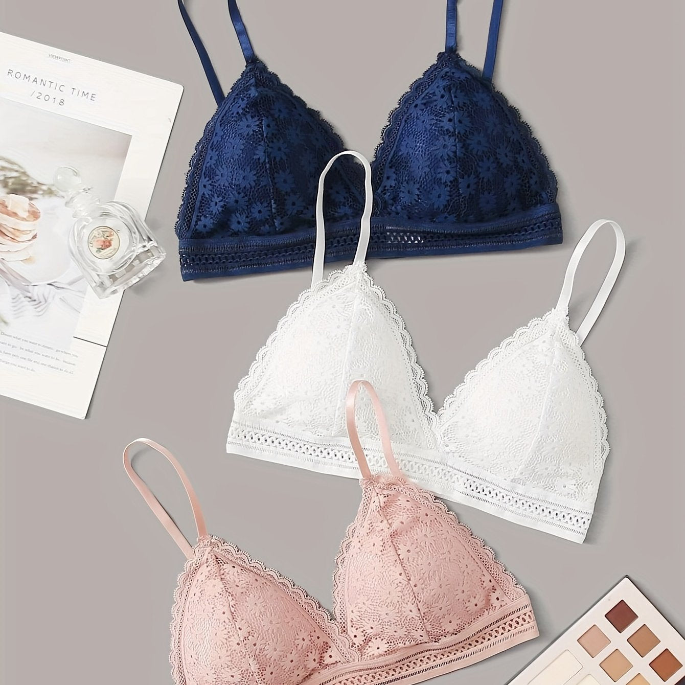 3pcs Girls Lace Bras Wire-Free Back Comfort Underwear with Chest Pad for Teens