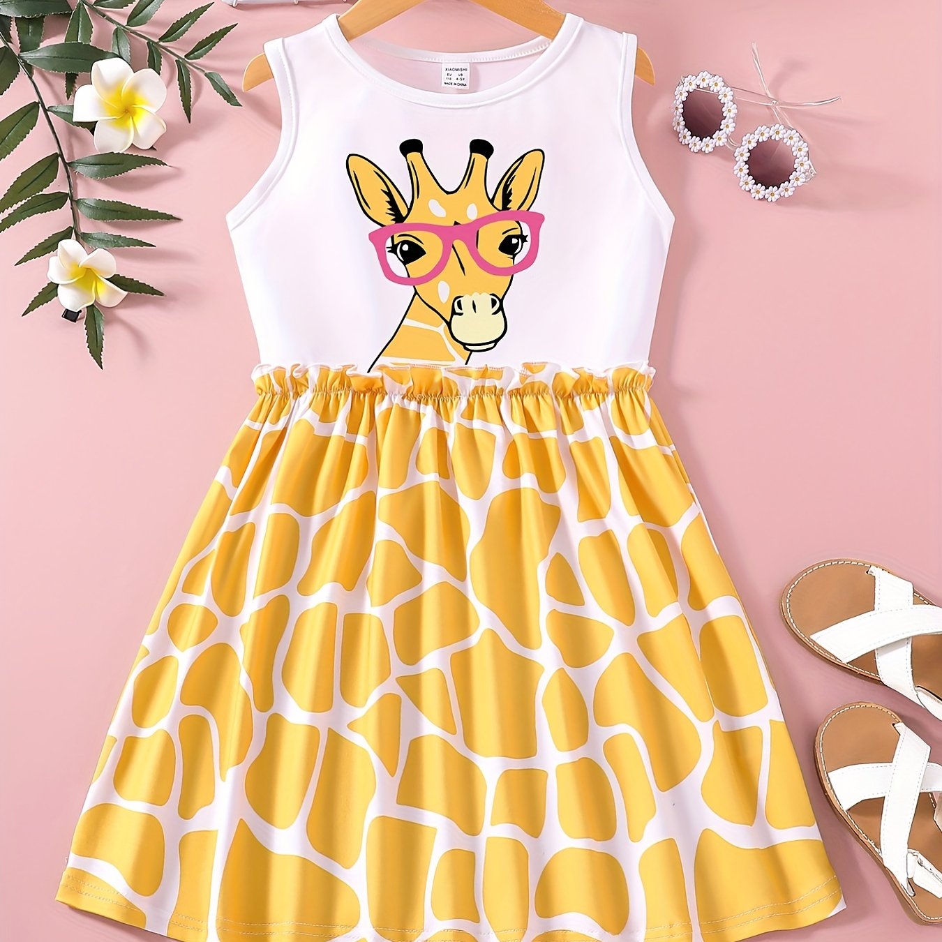 Girls Summer Floral Printing Dress Sleeveless Cartoon Giraffe Print 1-6 Yrs
